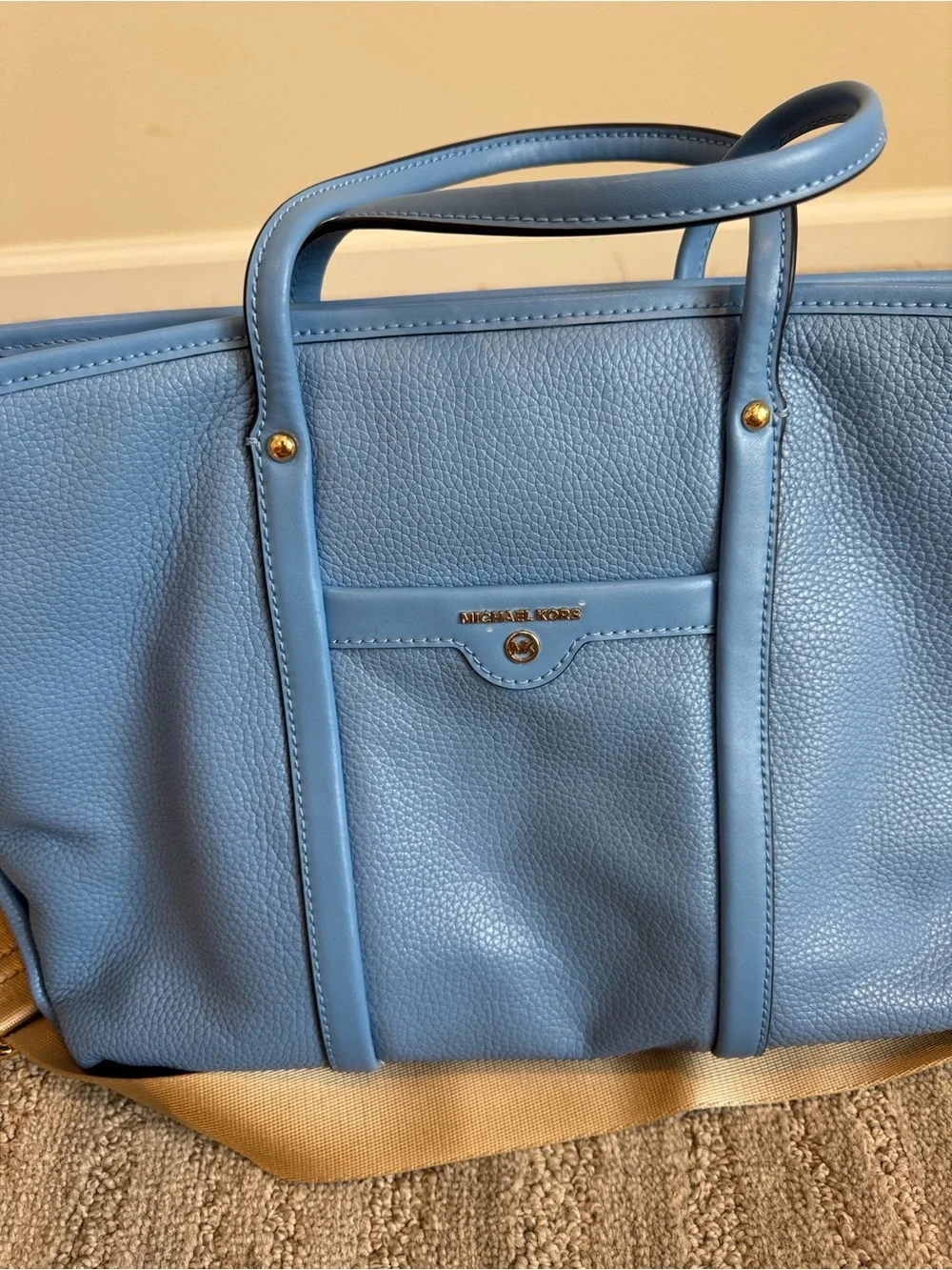Michael Kors Sky Blue Pebble Leather Tote with Tan Strap
